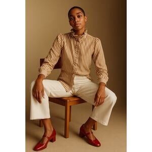 Vintage Mondi Cotton Striped Ruffle High Neck Button Down Brown White 34 Small